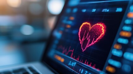 Digital medical heartbeat monitor displaying electrocardiogram ECG graph heart rate data and vital signs analysis on computer or device dashboard for healthcare diagnosis and monitoring