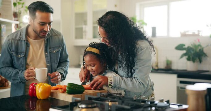 Cooking, kid or parents cutting vegetables for food, learning or healthy vegan meal in home kitchen. Child, happy father and mother with chopping board for carrots, organic pepper or girl help family