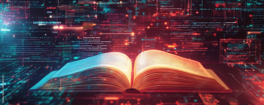 Poster an open book with vibrant digital graphics, symbolizing knowledge and technology merging in a modern