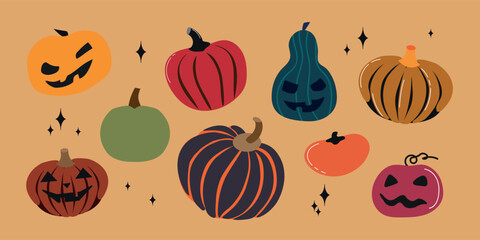 Halloween multicolored pumpkins collection set icon clipart avatar logotype isolated illustration