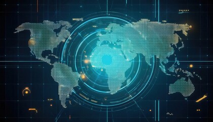 Futuristic Global Digital Technology Data Visualization Interface on World Map Background  Information Intelligence Analytics and Digital Transformation Concept with Holographic Globe Continents