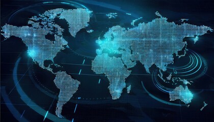 Futuristic digital world map visualization with international connectivity network and data analytics  Advanced technology big data and global business intelligence concept