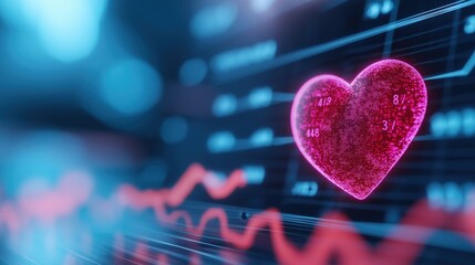 Glowing heart shaped data visualization icon over fluctuating market chart or financial graph on a vibrant blue digital backdrop representing love passion and financial growth