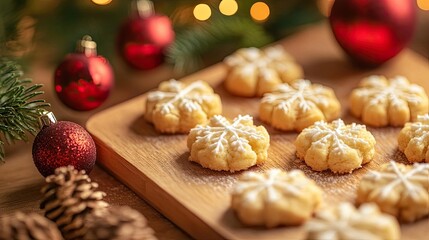 Delicious butter cookies shaped like snowflakes, decorated for the festive season, perfect for holiday gatherings.