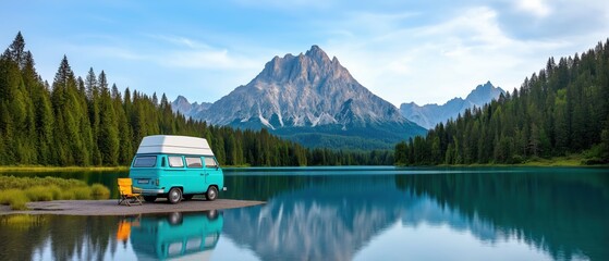 Idyllic mountain landscape with a serene turquoise lake surrounded by a dense evergreen forest and majestic snow capped peaks in the background with a vintage turquoise van parked on the shoreline