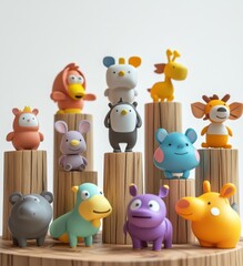 Naklejka premium Colorful animal toys arranged playfully on wooden pedestals, perfect for children's decorations and playful settings.