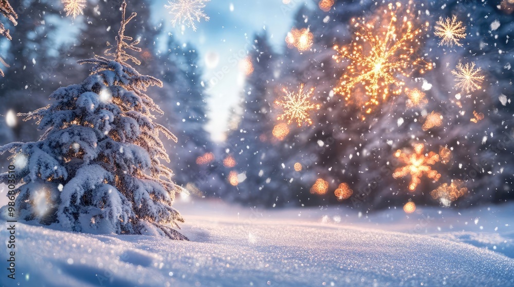 Poster a picturesque winter scene with snow-covered trees and sparkling snowflakes, creating a serene and m