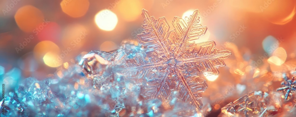 Poster a delicate snowflake rests atop shimmering ice, reflecting vibrant colors, capturing the essence of 