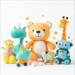 Obraz premium Colorful collection of cute plush toys including a bear, giraffe, robot, and dinosaur, perfect for children and nurseries.