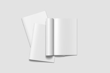 Blank cover and opened magazine mockup top view angle