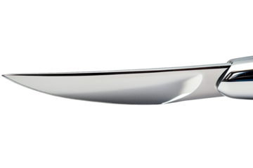 A close-up of a sharp, shiny kitchen knife blade showcasing its elegant design and sleek surface.