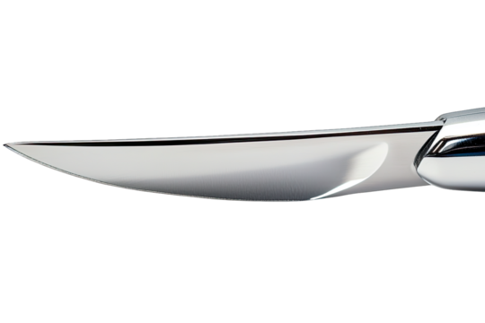 A close-up of a sharp, shiny kitchen knife blade showcasing its elegant design and sleek surface.