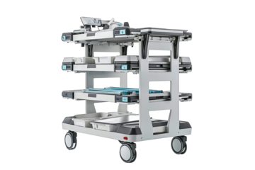 A modern medical cart with multiple shelves designed for efficient patient care and equipment organization in healthcare settings.