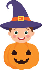Halloween cartoon cute smiling little witch in a pumpkin costume with a witch hat
