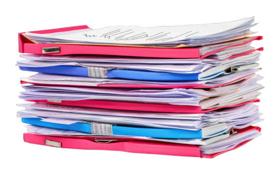 A neatly organized stack of colorful file folders containing various documents and papers, ideal for office or study settings.