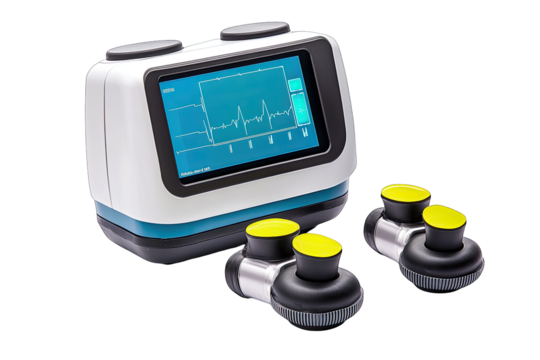Modern medical device displaying ECG readings with interactive sensors for patient monitoring and health diagnostics.