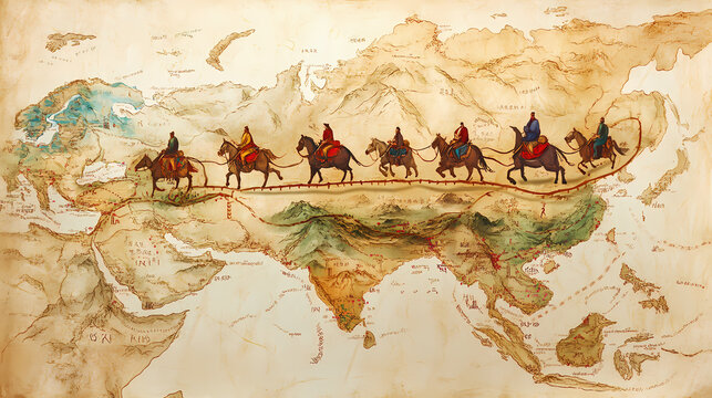 Ancient trade routes map caravan journey historical context. Silk Road. Illustration