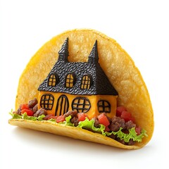 A spooky taco with a haunted house design on the shell, Halloween theme, eerie and fun, isolated on white background