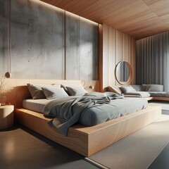 A luxurious bedroom interior featuring a comfortable bed with decorative pillows, elegant furniture, a stylish lamp by the window, and a cozy carpet