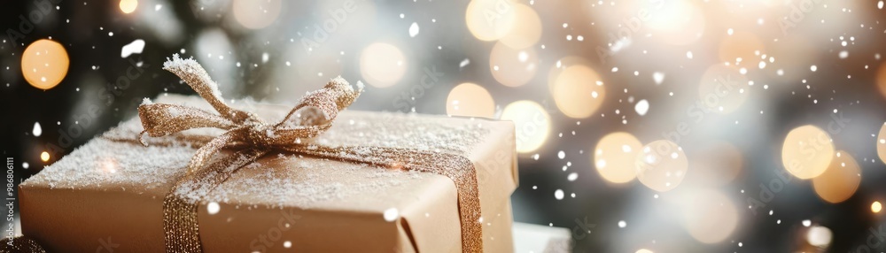Poster a beautifully wrapped gift box surrounded by shimmering lights and falling snowflakes, creating a fe