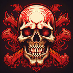 Retro image skull and crossbones with a red outline pattern, burning eyes; concept of danger