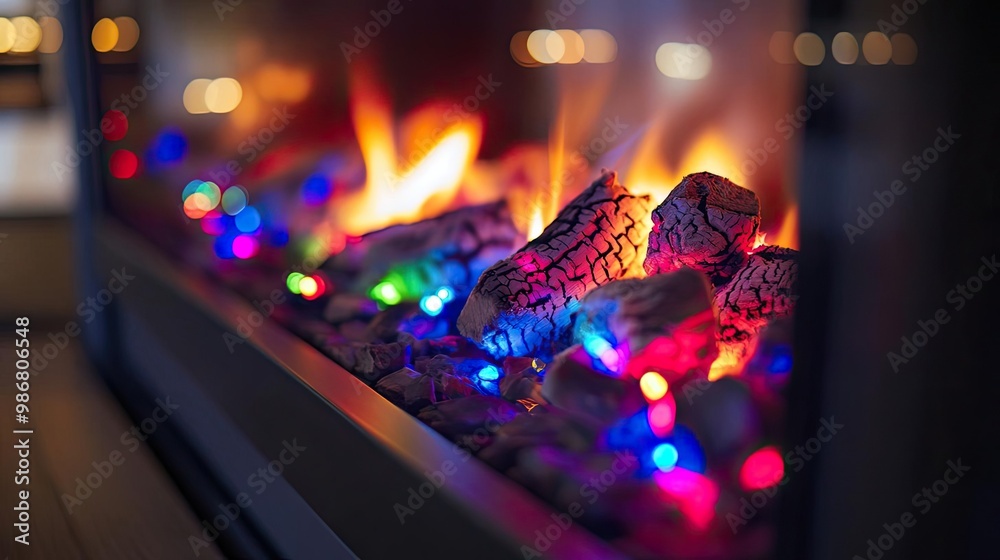 Poster a cozy scene featuring a modern fireplace with vibrant lights, creating a warm and inviting atmosphe