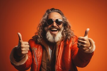 Man with beard and long hair, sunglasses and raised thumbs up, wearing an orange coat, with an orange background
