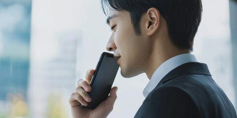 Fototapeta premium A businessman in a suit is holding a smart phone, generative AI