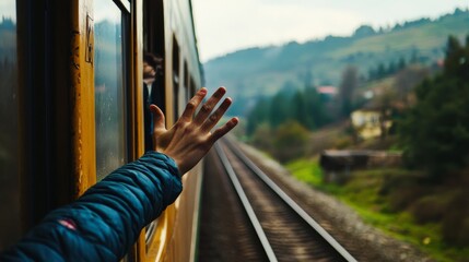 Traveler waving goodbye from a train window, with a mix of excitement and melancholy, expressing the bittersweet nature of farewells