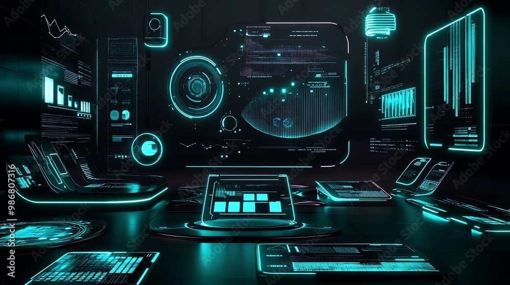 Poster Futuristic cyberpunk workspace with glowing screens and data visualizations.