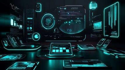 Obraz premium Futuristic cyberpunk workspace with glowing screens and data visualizations.