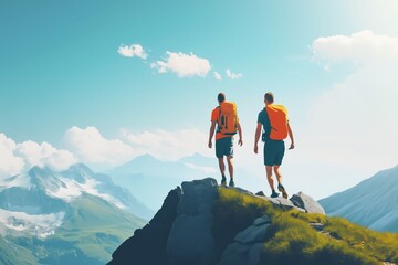 Fototapeta premium mature men in the mountains with backpacks for adventure, trekking and fitness.