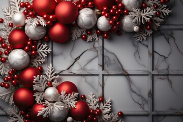 White and read Christmas balls and fir leaves background for Christmas flyer