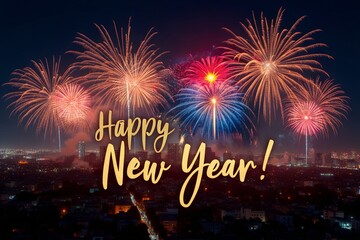 A breathtaking view of a city skyline illuminated by golden and silver fireworks.