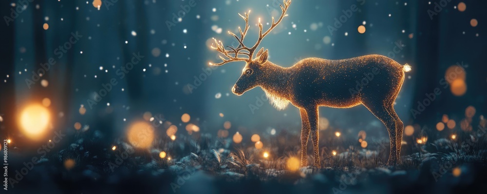 Poster A mystical deer illuminated by soft glowing lights in an enchanting forest at night, creating a serene and magical atmosphere.