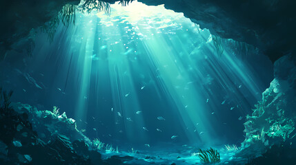 An underwater cave viewed from beneath the surface. Underwater Cave. Illustration