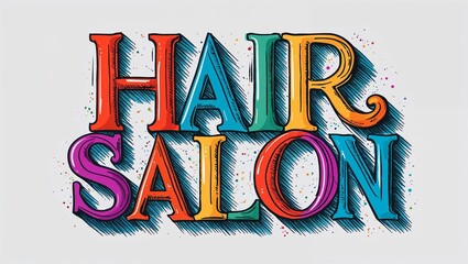 Hair salon colorful hand drawn lettering art design on plain white background