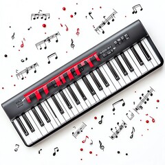 A keyboard with Black Friday banners draped over the keys, surrounded by musical notes, festive and...