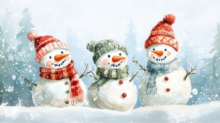 Fototapeta premium Playful snowmen adorned with colorful hats and scarves, create a cheerful winter scene amidst falling snowflakes and evergreen trees.
