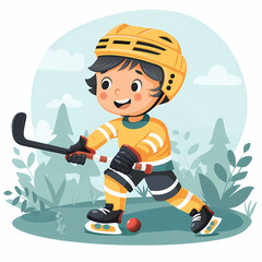 Fototapeta premium Cute Cartoon kid playing Hockey in field vector image