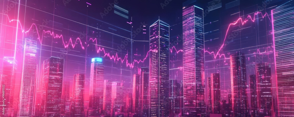 Poster a vibrant financial cityscape with glowing graphs, representing modern data analysis and market tren
