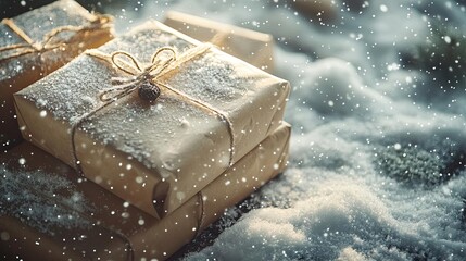 Festive gift boxes wrapped in ribbon, surrounded by soft snowflakes, creating a warm holiday atmosphere.