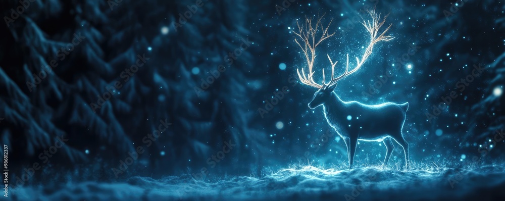 Poster a mystical deer illuminated by ethereal light, surrounded by a serene winter forest, creating a magi
