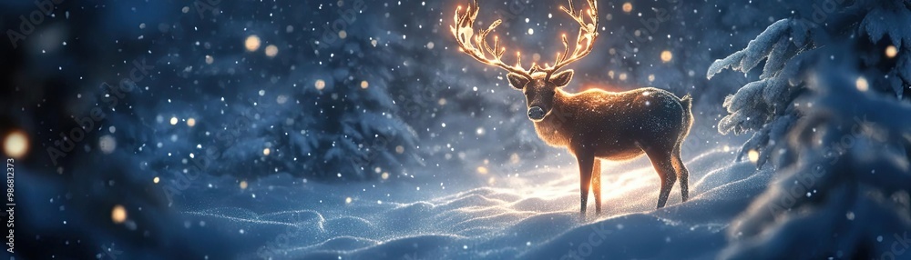 Poster a majestic deer illuminated by glowing antlers in a serene snow-covered forest, creating a magical w