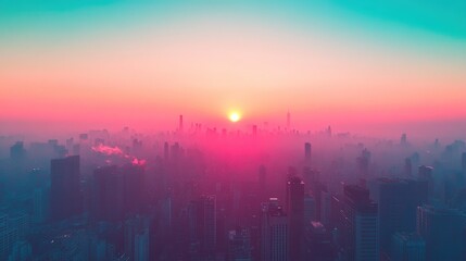 Fototapeta premium Cityscape at sunrise with hazy pink and blue sky.