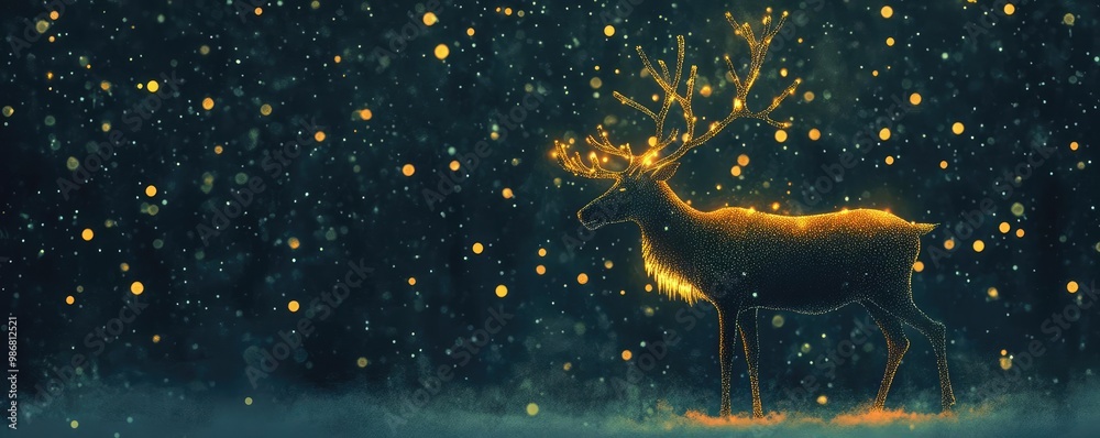 Poster A majestic reindeer surrounded by sparkling lights in a serene winter setting, creating a magical and enchanting atmosphere.