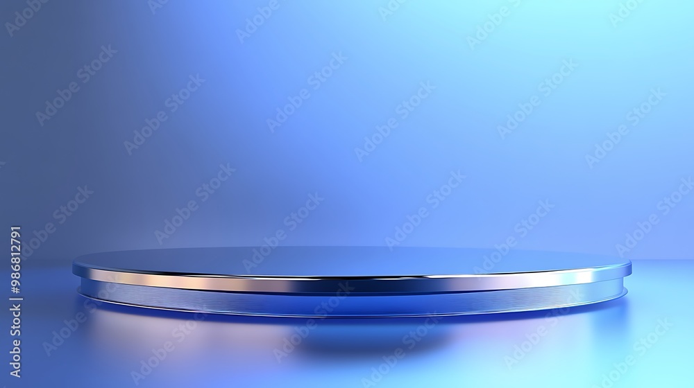 Poster a silver podium sits on a blue background with a subtle gradient.