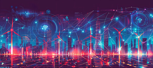 Obraz premium Smart energy solutions cities powered by AI where artificial intelligence manages energy grids optimizes consumption and integrates renewable energy sources for sustainable urban living