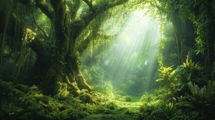 Obraz premium A lush, green rainforest scene with towering trees covered in moss, vines hanging from branches, and beams of sunlight piercing through the thick canopy.