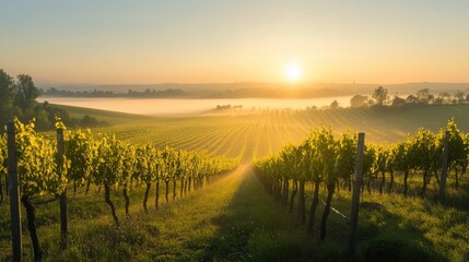 A peaceful view of a vineyard at dawn, with rows of grapevines stretching into the distance, bathed in soft morning light and mist rising from the fields.